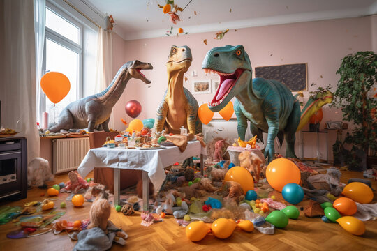 Messy room after wild house party, three dinosaurs stylish friends in colorful living room after celebrating new years eve. Abstract scene with animals. Generative AI. Illustration.