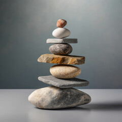 Stones balance. Pebbles pyramid on gray background. For banner, postcard, book illustration.