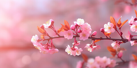 Beautiful branches of pink Cherry blossoms on soft background. Generative AI