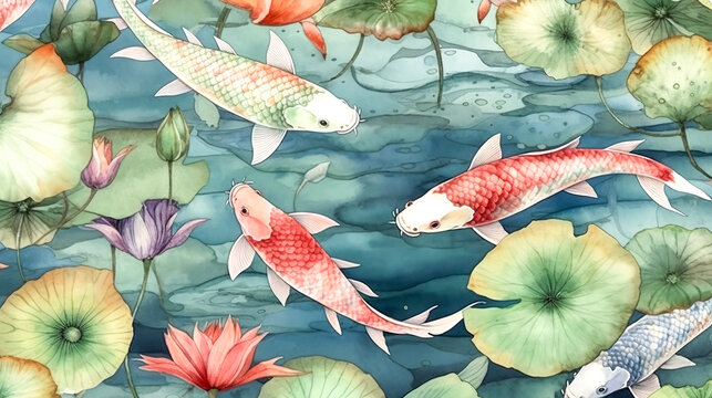 Background of painted fish in the water, generative AI.