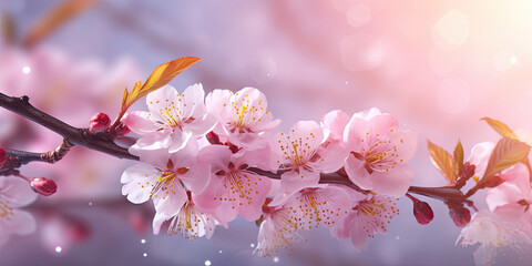 Beautiful branches of pink Cherry blossoms on soft background. Generative AI