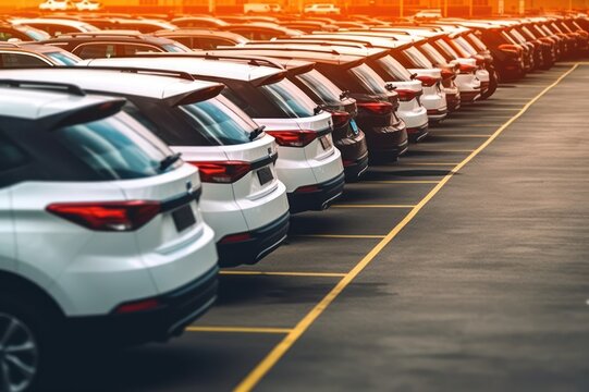 Cars parked in row on parking lot at sunset, Generative AI