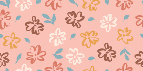 Abstract floral seamless pattern in pale warm colors. Colorful endless background. Grunge dirty spots, natural forms, leaves, flowers.