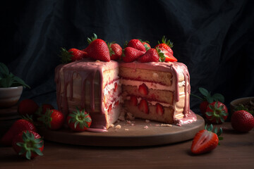 strawberry cake on wooden board