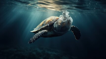 Sea turtle swimming underwater in the ocean with Plastic Bag. Concept of environmental conservation, Generative AI