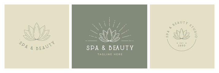 Spa and beauty studio concept. Vector outline illustration set. Boho style. Lotus flower yoga symbol and text on green and gray background. Design layout template for poster, card