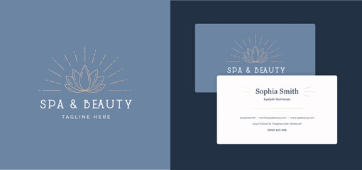 Spa and beauty studio. Vector outline illustration. Boho style. Lotus yoga symbol. Name and address, company name text placeholder on blue, white background. Design layout template for poster, card