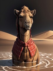 Close-up portrait of a camel wearing a flannel shirt, standing on Quicksand. Generative AI