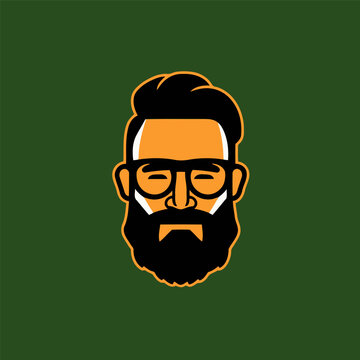 Hipster face with beard and glasses. Vector illustration on a green background.