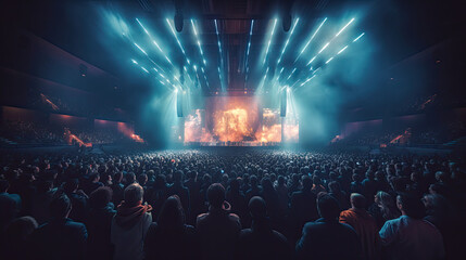 Crowd facing illuminated stage. Generative AI