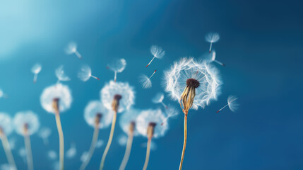 Dandelion seeds blowing on blue background. Generative AI