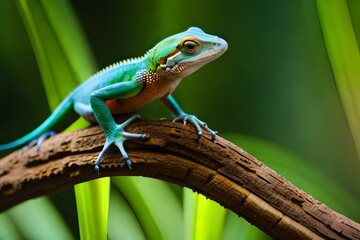 Fototapeta premium green lizard on a branch, looking around, tropical, close to grass. Generative AI