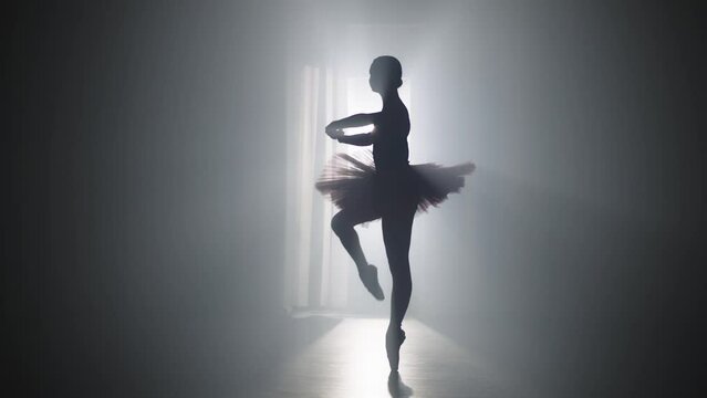 In the beam of the spotlight, the ballerina performs a dance, creating a mysterious silhouette that beckons and enchants the audience. High quality 4k footage