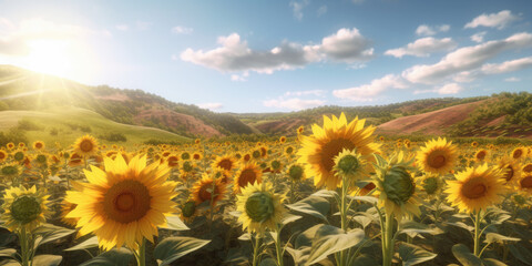 Field of sun flowers, fresh spring on soft background. Generative AI