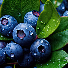 Photorealistic illustration of closeup blueberry bunch with water drops on it, generative AI