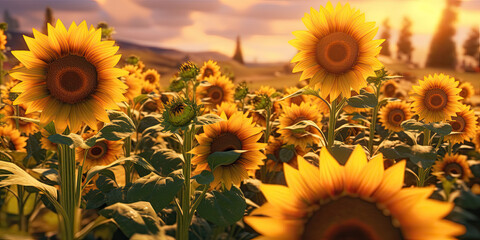 Field of sun flowers, fresh spring on soft background. Generative AI