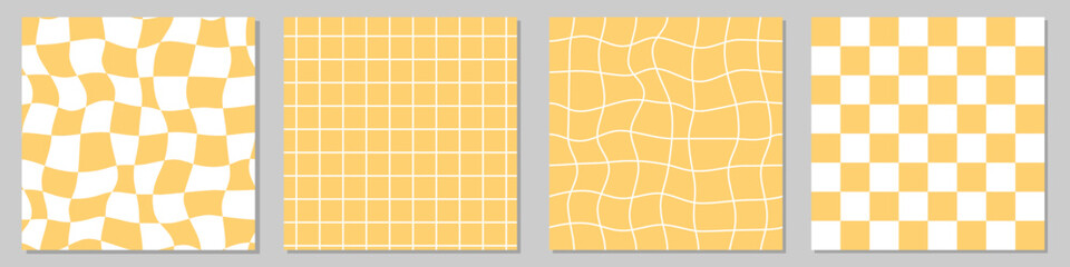 Set of abstract groovy hippie seamless patterns in yellow colors. Distorted and twisted checkerboard, chessboard texture in trendy retro psychedelic style.