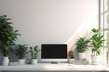 Fototapeta premium A computer monitor sitting on top of a white desk. Generative AI. Blank computer screen mockup.