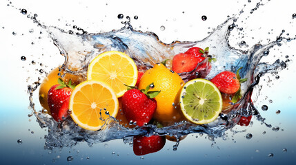 Assortment of fresh organic fruits with water splash. Freshness concept for food related advertising. Generative AI.