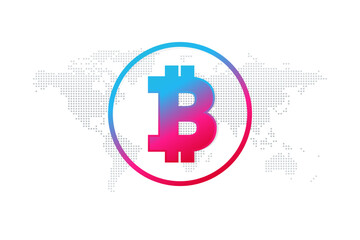 Bitcoin gradient vector sign with world map. Blockchain technology, crypto currency symbol. Virtual money circle icon for business, finance, digital global trade, payment