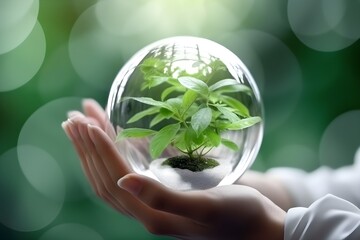 plant in glass ball in hand, concept of protecting the environment, generative ai generated