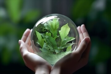 plant in glass ball in hand, climate change awareness, generative ai generated