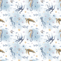 Seamless Pattern with Undersea animals. Hand drawn watercolor illustration with sea turtle and octopus on transparent isolated background. Backdrop with splashes for textile nautical wrapping paper.