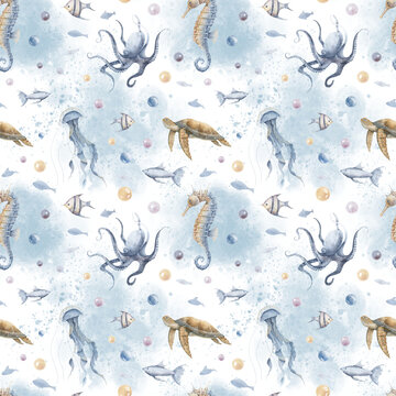 Seamless Pattern with Undersea animals. Hand drawn watercolor illustration with sea turtle and octopus on transparent isolated background. Backdrop with splashes for textile nautical wrapping paper.