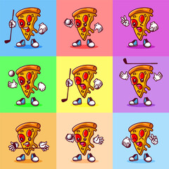 Set of Vector illustration of kawaii pizza cartoon character with stick golf and ball. Vector eps 10