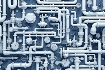 White plumbing pipes and connections blueprint on blue background Generative AI
