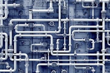 White plumbing pipes and connections blueprint on blue background Generative AI - obrazy, fototapety, plakaty