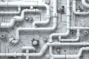 White plumbing pipes and connections blueprint on blue background Generative AI