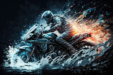 Motorcycle rider riding on a motorcycle in splashes of water