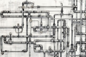 White plumbing pipes and connections blueprint on blue background Generative AI