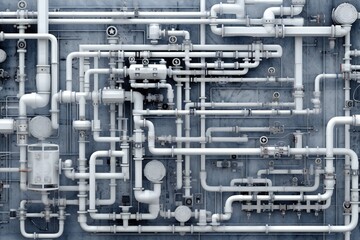 White plumbing pipes and connections blueprint on blue background Generative AI