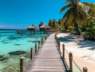 In the photo, there is a beautiful beach with white sand, turquoise water, a palm tree, and a wooden bridge. Generative AI