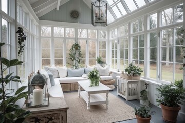 Fototapeta na wymiar Comfy Modern Farmhouse Sunroom Decor Ideas