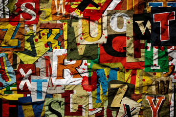 Obraz premium Ransom Anonymous Paper Cut-out letters background. Letters from newspapers or magazine. Grunge style artwork texture. Crumpled Paper effect. Blackmail criminal concept. Blood splashes. Bloody splatter
