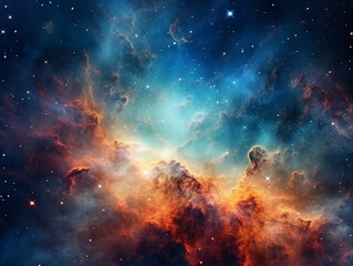 Naklejka premium Vibrant celestial nebula in outer space. Stellar-filled nocturnal universe. Scientific study of astronomy and the cosmos. Background wallpaper depicting a captivating supernova. Generative AI