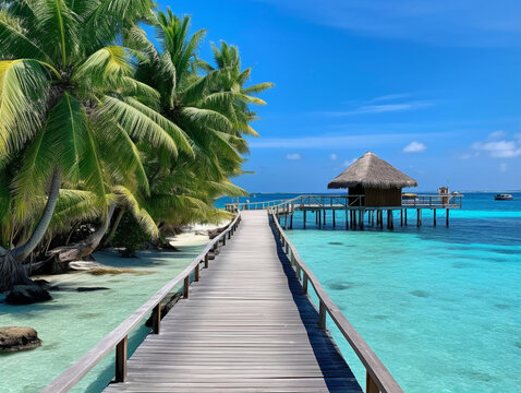 In the photo, there is a beautiful beach with white sand, turquoise water, a palm tree, and a wooden bridge. Generative AI