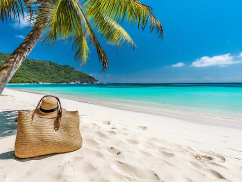 In the photo, there is a beautiful beach with white sand, azure water, a palm tree, a beach bag, a straw hat, and flip-flops. Generative AI