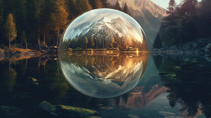 Dreamlike scene of ethereal mountains and a dense forest, encapsulated within a shimmering bubble that casts a mesmerizing reflection upon the tranquil surface of a lake. Generative AI