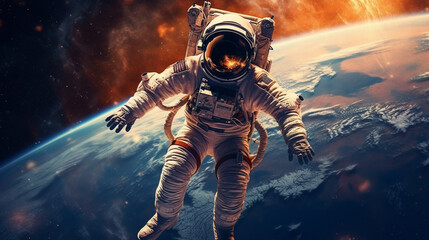Fototapeta premium An astronaut suspended in the vastness of outer space, wearing an extraterrestrial spacesuit that defies gravity, against the backdrop of the cosmos, the universe, and the galaxy. Generative AI
