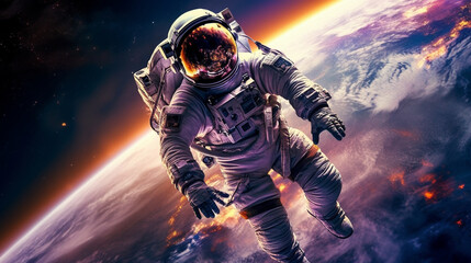 An astronaut suspended in the vastness of outer space, wearing an extraterrestrial spacesuit that defies gravity, against the backdrop of the cosmos, the universe, and the galaxy. Generative AI