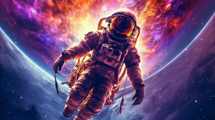 An astronaut suspended in the vastness of outer space, wearing an extraterrestrial spacesuit that defies gravity, against the backdrop of the cosmos, the universe, and the galaxy. Generative AI
