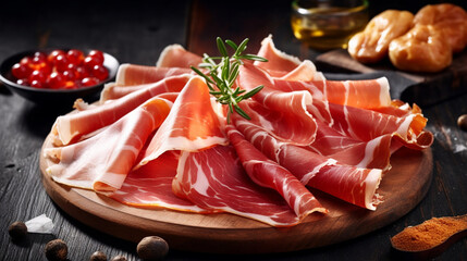 Prosciutto arranged in slices on a rustic wooden platter. Generative AI