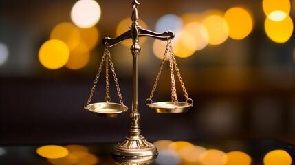 Scales of Justice against a blurred bokeh background. Generative AI - obrazy, fototapety, plakaty