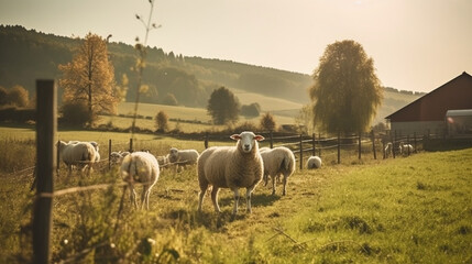 Sheep in the rural landscape under the radiant sun. Generative AI