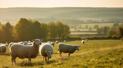 Obraz premium Sheep in the rural landscape under the radiant sun. Generative AI