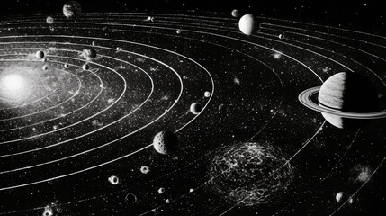 Drawing of celestial bodies and the vast expanse of the solar system. Generative AI